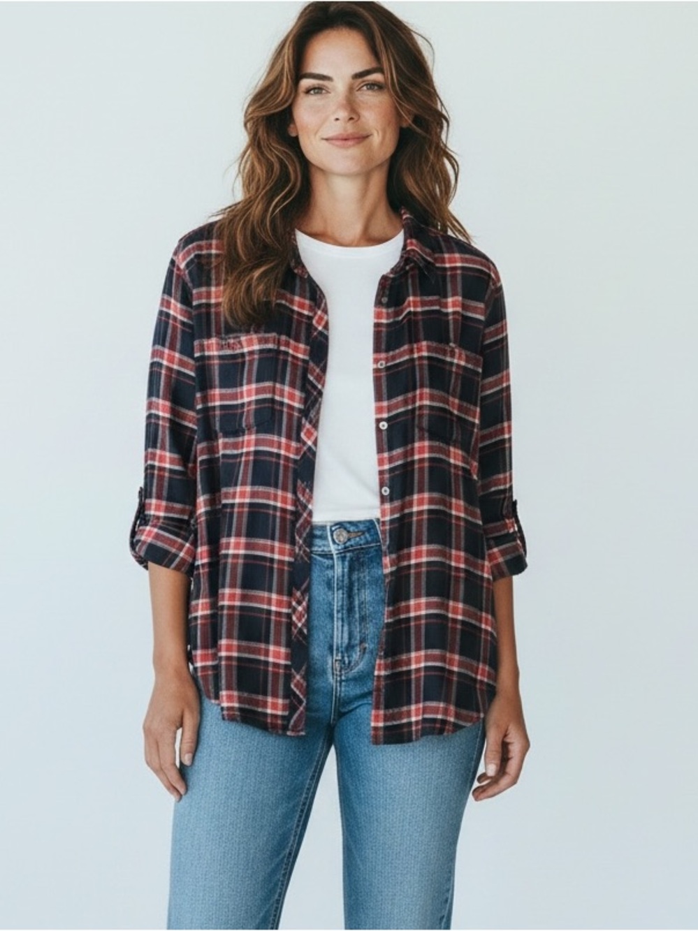 LOFT Plaid Shirt Women’s L Button Up Blouse Top Long Sleeve Patriotic Red Blue